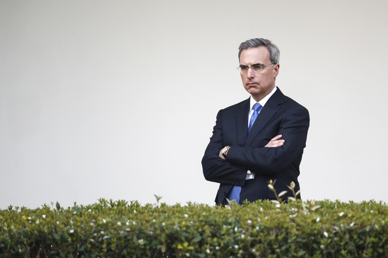 White House counsel Pat Cipollone listens as President Donald Trump speaks in the Rose Garden of the White House on March 29, 2020. (Patrick Semansky / AP file)