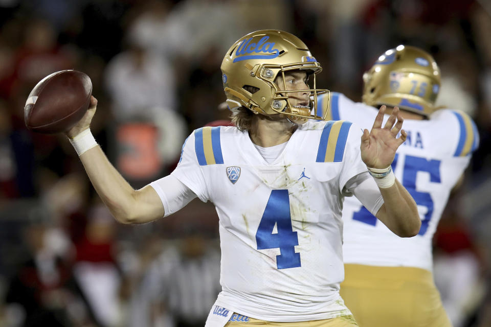 UCLA quarterback Ethan Garbers (4) throws during an NCAA college football game against Stanford, Saturday, Oct. 21, 2023, in Stanford, Calif. (AP Photo/Scot Tucker)