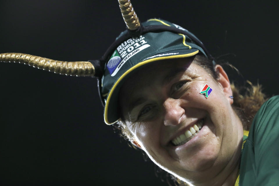 A South African fan waits for the start of the Rugby World Cup Pool B game at the City of Toyota Stadium between South Africa and Namibia in Toyota City, Japan, Saturday, Sept. 28, 2019. (AP Photo/Christophe Ena)