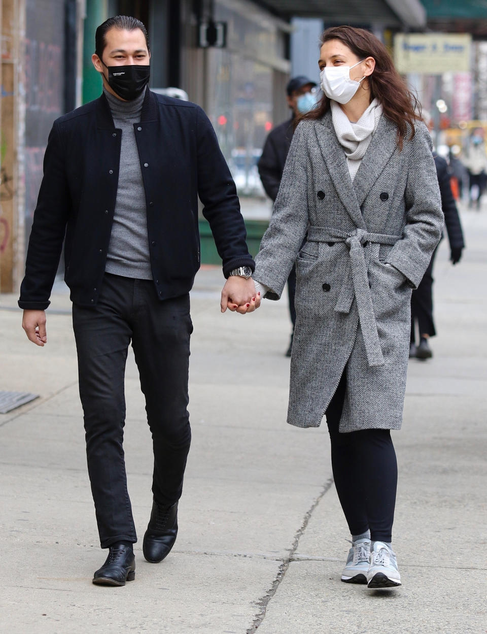 <p>Katie Holmes and Emilio Vitolo Jr. are in great spirits as they make their way to lunch in downtown N.Y.C. on Monday.</p>