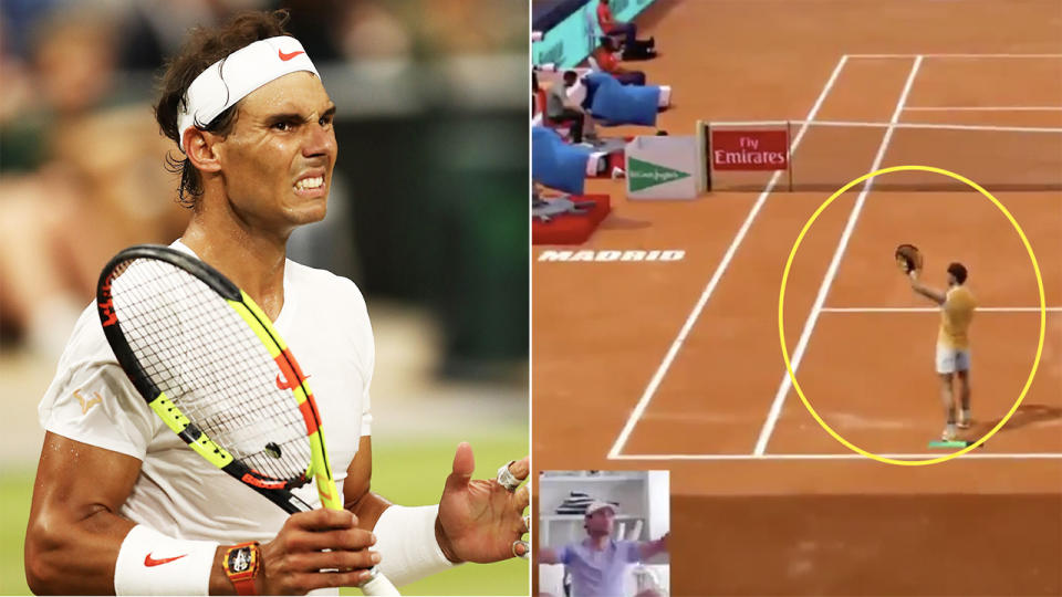 Rafael Nadal. (pictured left) looking dejected and (pictured right) celebrating the Virtual Madrid Open win.