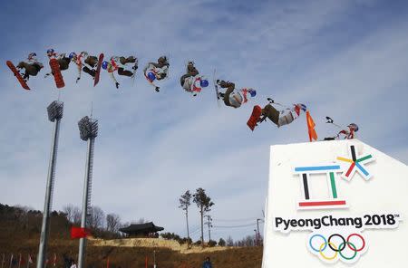 Snowboarding - Pyeongchang 2018 Winter Olympics - Women's Big Air Qualifications - Alpensia Ski Jumping Centre - Pyeongchang, South Korea - February 19, 2018 - Anna Gasser of Austria competes. REUTERS/Kai Pfaffenbach