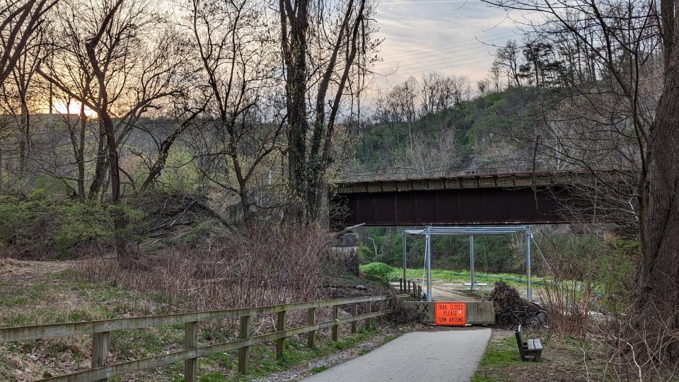 Looking south on April 5th, The protection canopy has been competed under the Norfolk Southern Blackbridge Railroad Bridge on the Heritage Rail Trail. The trail has been officially closed since 2020 due to falling debris.