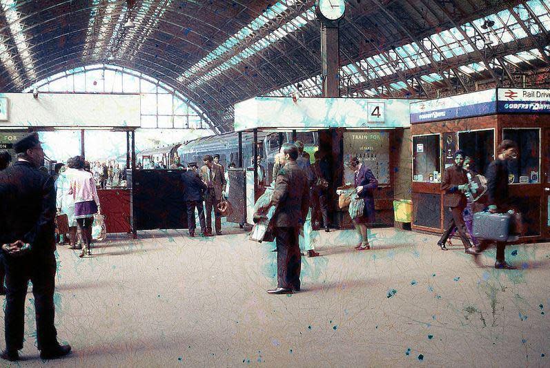 Passengers show staff their tickets at St Pancras railway station, London 1972 (Glen Fairweather )