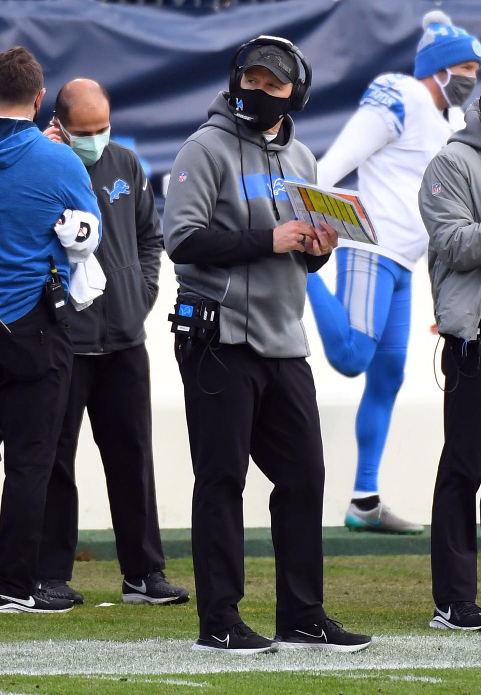 Detroit Lions interim head coach Darrell Bevell looks on from the sidelines during the second half Dec. 20, 2020, against the Tennessee Titans at Nissan Stadium.