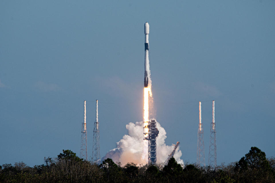 A SpaceX Falcon 9 rocket roars away from the Cape Canaveral Space Force Station Tuesday afternoon carrying Indonesia's Merah Putih 2 communications satellite. It was SpaceX's 16th launch so far this year. / Credit: William Harwood/CBS News