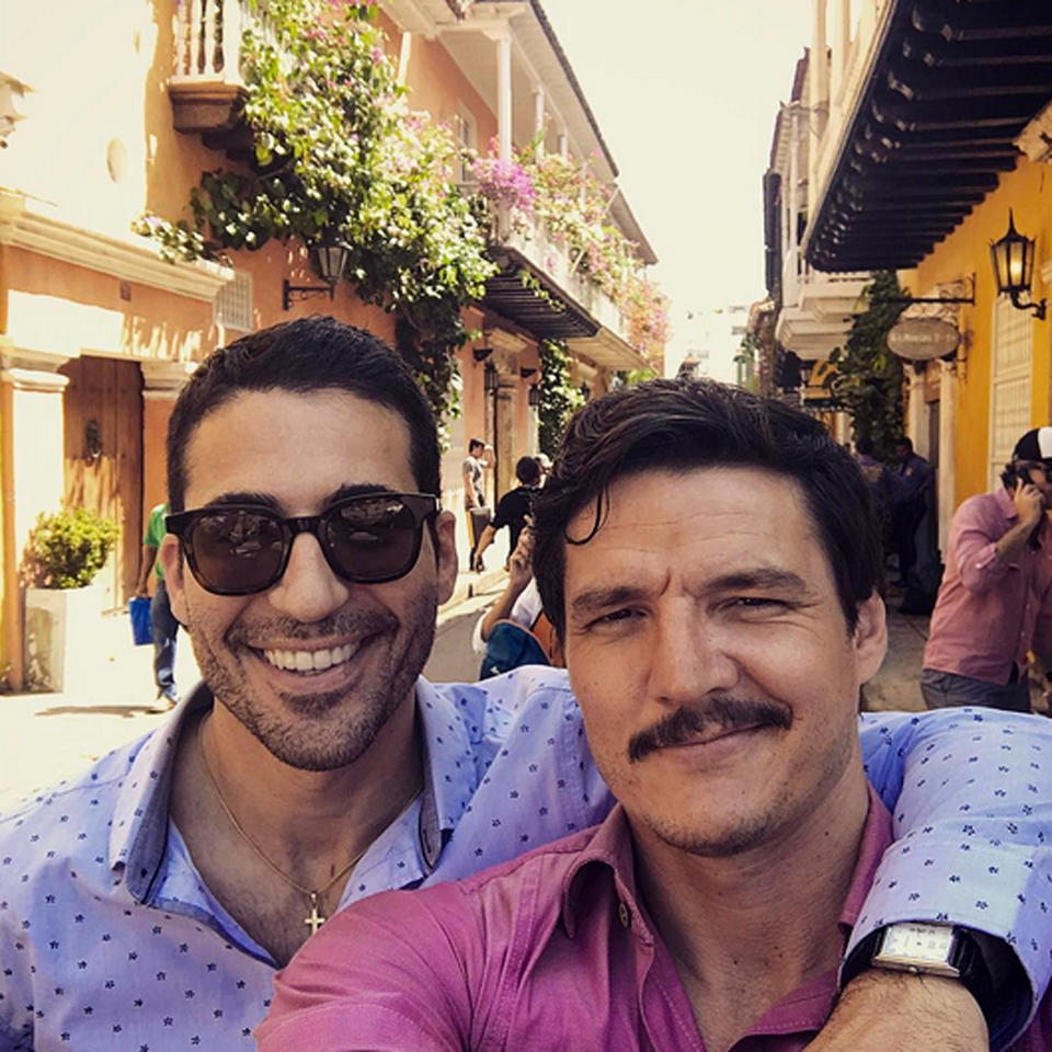 <p>Narcos' Pedro Pascal snaps a selfie with Spanish actor Miguel Angel Silvestre on the streets of Cartagena, Colombia, where he's filming his Netflix series' third season. </p>