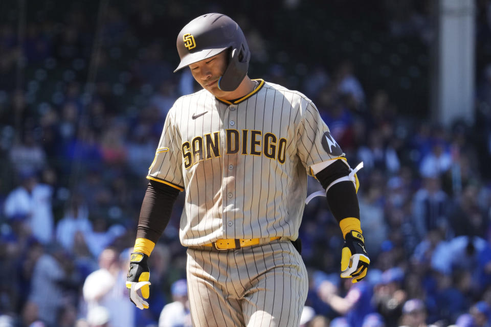 San Diego Padres' Ha-Seong Kim, of South Korea, reacts as he grounds into a force out during the fourth inning of a baseball game against the Chicago Cubs in Chicago, Thursday, April 27, 2023. (AP Photo/Nam Y. Huh)