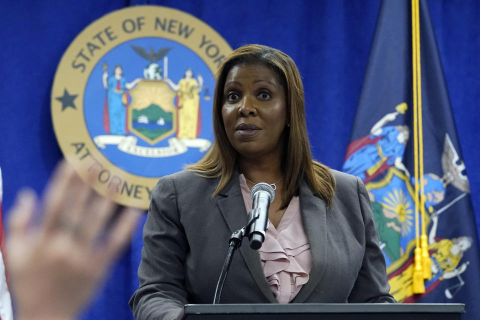 FILE - In this Friday, May 21, 2021, file photo, New York Attorney General Letitia James addresses a news conference at her office, in New York. In an agreement disclosed late Wednesday, July 7, 2021, in a filing in U.S. Bankruptcy Court in White Plains, N.Y., more than a dozen states have dropped their objections to OxyContin maker Purdue Pharma’s reorganization plan, edging the company closer to resolving its bankruptcy case. The new settlement terms call for Purdue to make tens of millions of internal documents public, a step several attorneys general, including James, had demanded as a way to hold the company accountable. (AP Photo/Richard Drew, File)