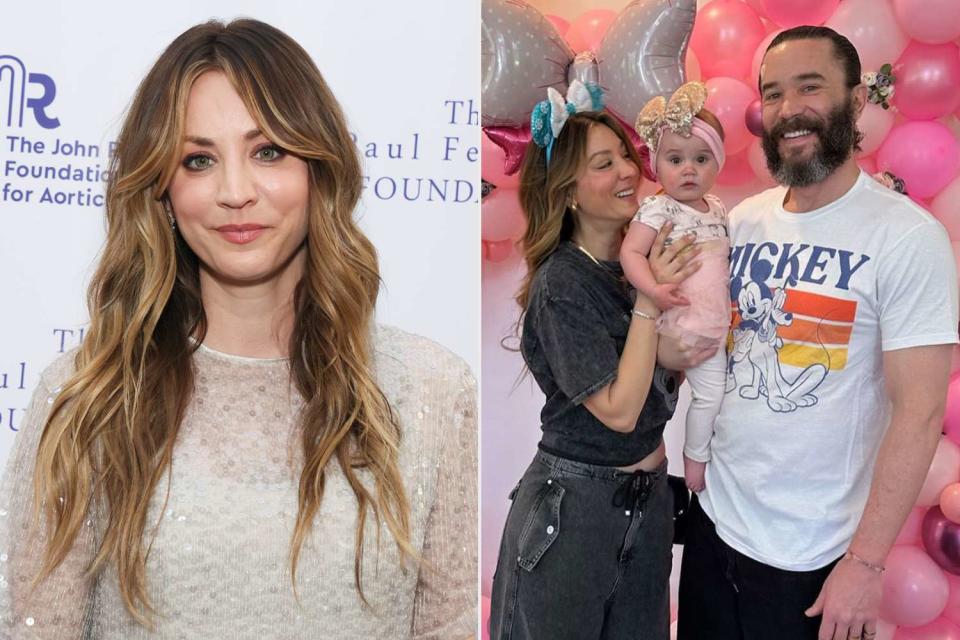 <p>Rodin Eckenroth/Getty; Kaley Cuoco/Instagram</p> (L) Kaley Cuoco at "An Evening From the Heart LA" at Sunset Room Hollywood on May 09, 2024 in Los Angeles. (R) Cuoco, her partner Tom Pelphrey and their daughter, Matilda.