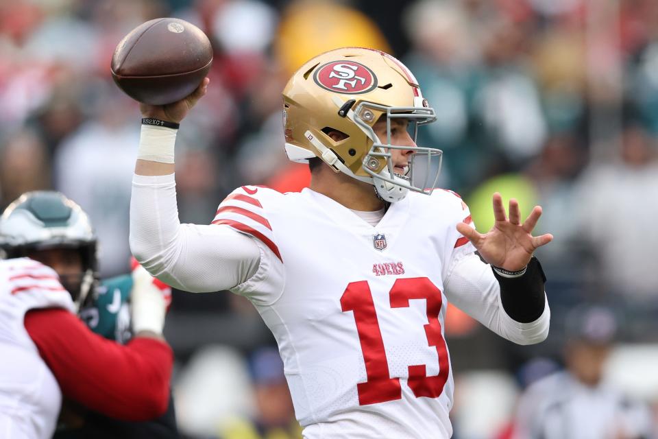 San Francisco 49ers quarterback Brock Purdy gets ready to throw a pass against the Philadelphia Eagles during the first quarter in the NFC championship game at Lincoln Financial Field in Philadelphia on January 29, 2023.