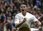 Football Soccer - Real Madrid v Athletic Bilbao - Spanish Liga BBVA - Santiago Bernabeu stadium, Madrid, Spain - 13/02/16 Real Madrid's James Rodriguez celebrates his goal. REUTERS/Andrea Comas