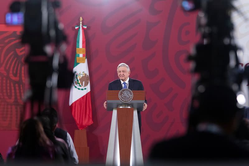 Mexico's President Andres Manuel Lopez Obrador speaks during a news conference before traveling to Washington D.C. to meet with U.S. President Donald Trump, at the National Palace in Mexico City