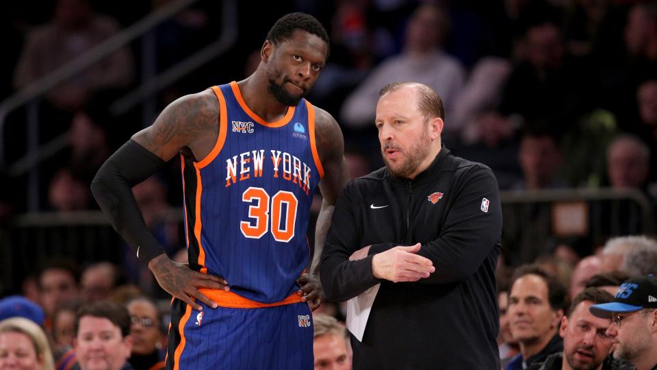 Jan 20, 2024; New York, New York, USA; New York Knicks head coach Tom Thibodeau talks to forward Julius Randle (30) during the second quarter against the Toronto Raptors at Madison Square Garden.