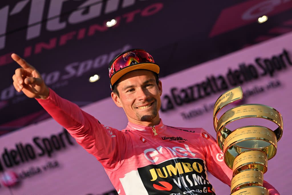  Primoz Roglic celebrates winning the overall title at the 2023 Giro d'Italia 