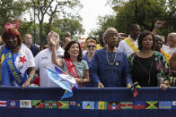 New York Governor Kathy Hochul, left, and Al Sharpton, right, lead the parade during the West Indian Day Parade, Monday, Sept. 5, 2022, in the Brooklyn borough of New York. (AP Photo/Yuki Iwamura)