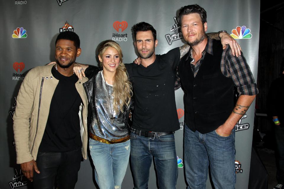 From left, Usher, Shakira, Adam Levine, and Blake Shelton arrive at "The Voice" season 4 red carpet event at the House of Blues on Wednesday, May 8, 2013 in Los Angeles. (Photo by Matt Sayles/Invision/AP)