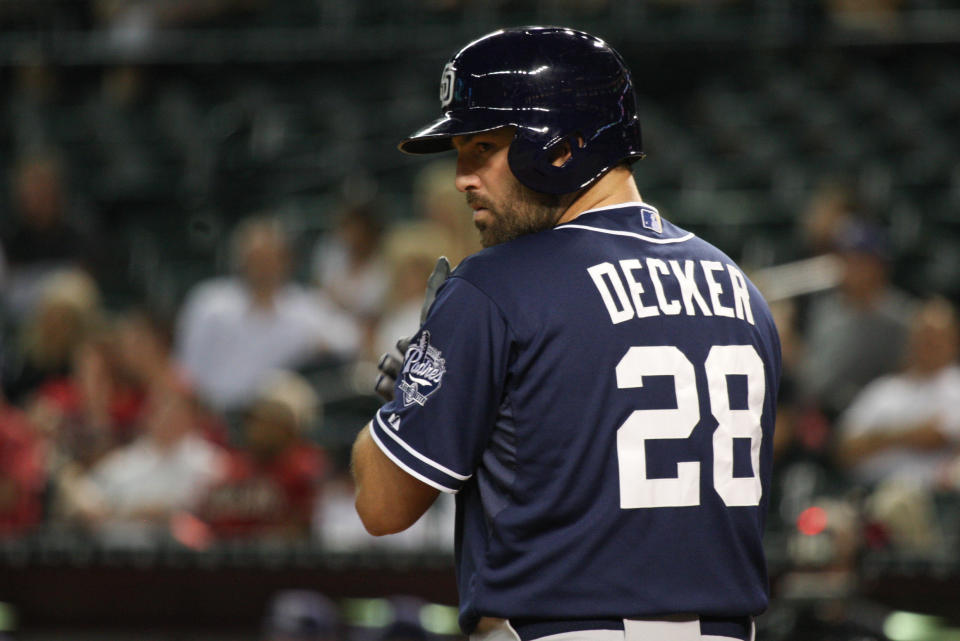 15 SEPTEMBER 2015: San Diego Padres first baseman Cody Decker (28) at bat during the Major League Baseball game between the San Diego Padres and the Arizona Diamondbacks at Chase Field in Phoenix, Ariz., USA. (Photo by Wilfred Perez/Icon Sportswire/Corbis via Getty Images)