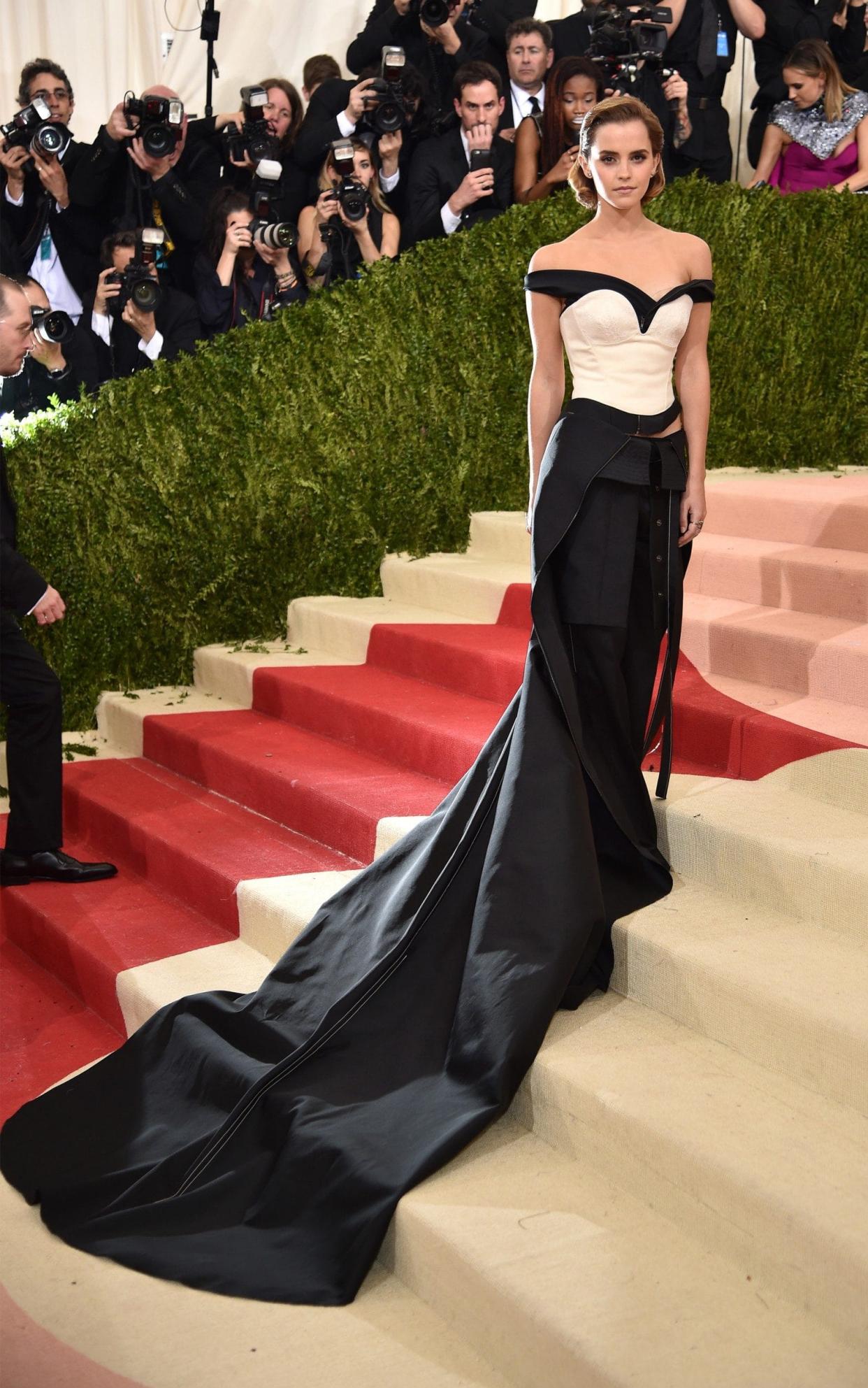 Emma Watson wearing a Calvin Klein gown made from recycled plastic bottles at the 2016 Met Gala - Getty Images North America