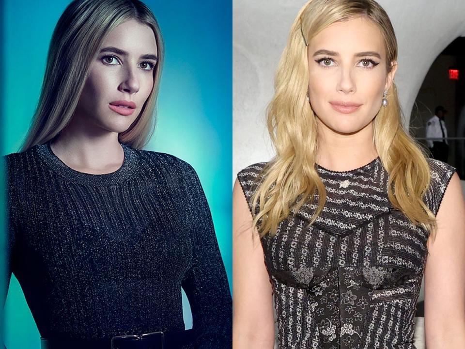 A side-by-side image of Emma Roberts on "American Horror Story: Delicate," and in 2023