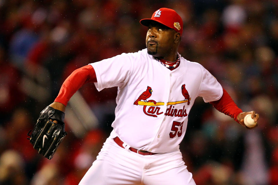 ST LOUIS, MO - OCTOBER 19: Arthur Rhodes #53 of the St. Louis Cardinals pitches in the eighth inning during Game One of the MLB World Series against the Texas Rangers at Busch Stadium on October 19, 2011 in St Louis, Missouri. The Cardinals won 3-2. (Photo by Dilip Vishwanat/Getty Images)