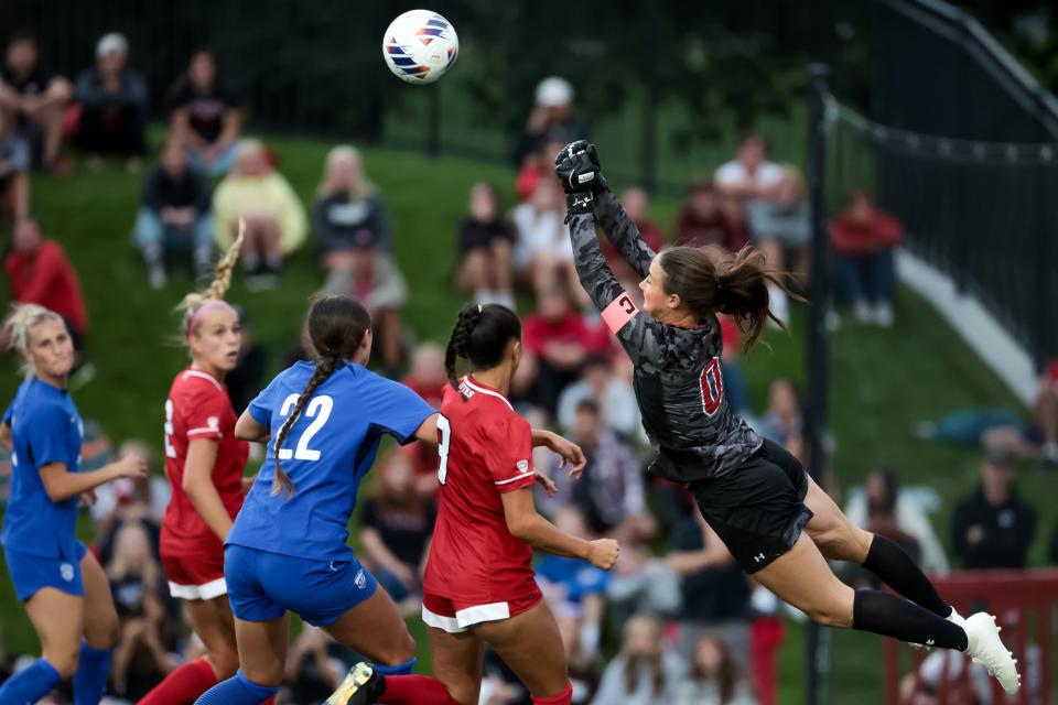 Utah’s Kasey Wardle (0) makes a leaping save during the game against BYU at Ute Field in Salt Lake City on Saturday, Sept. 9, 2023. | Spenser Heaps, Deseret News