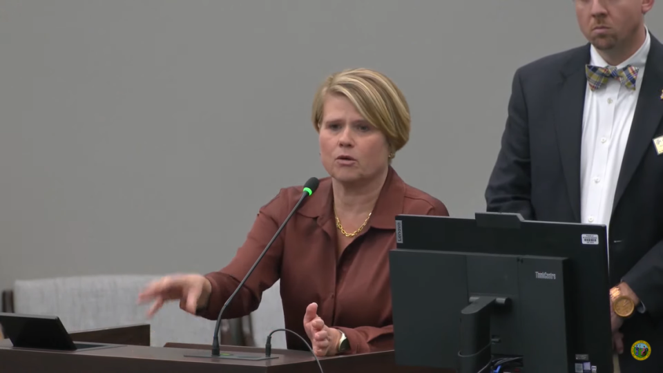 State Superintendent of Public Instruction Catherine Truitt presents model for changing how North Carolina grades schools at the state House Education Reform Committee meeting in Raleigh, N.C., on Feb. 26, 2024.