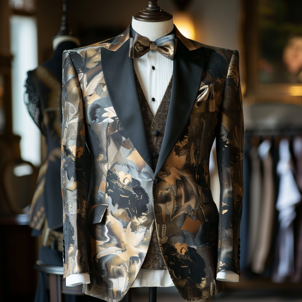 Mannequin displaying a patterned tuxedo with bow tie
