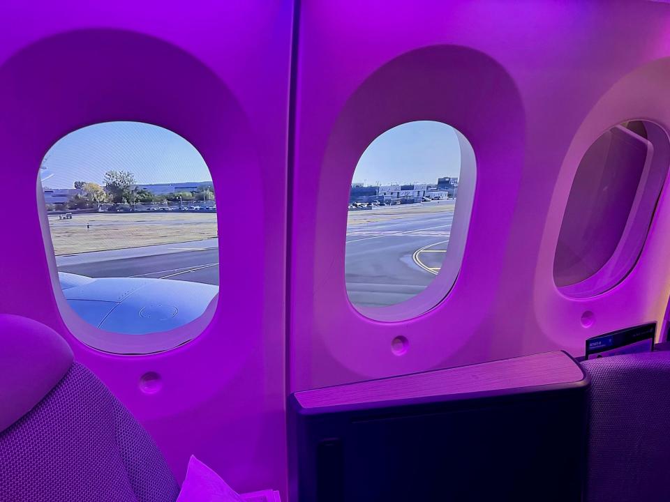 A mockup of the new Business Premier seat in Auckland at ANZ's cabin innovation center, Hangar 22.