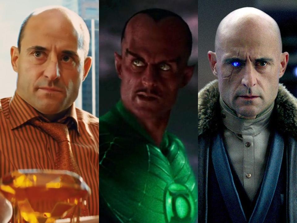 From left: Mark Strong as Frank D'Amico in "Kick-Ass," Sinestro in "Green Lantern," and Dr. Sivana in "Shazam."