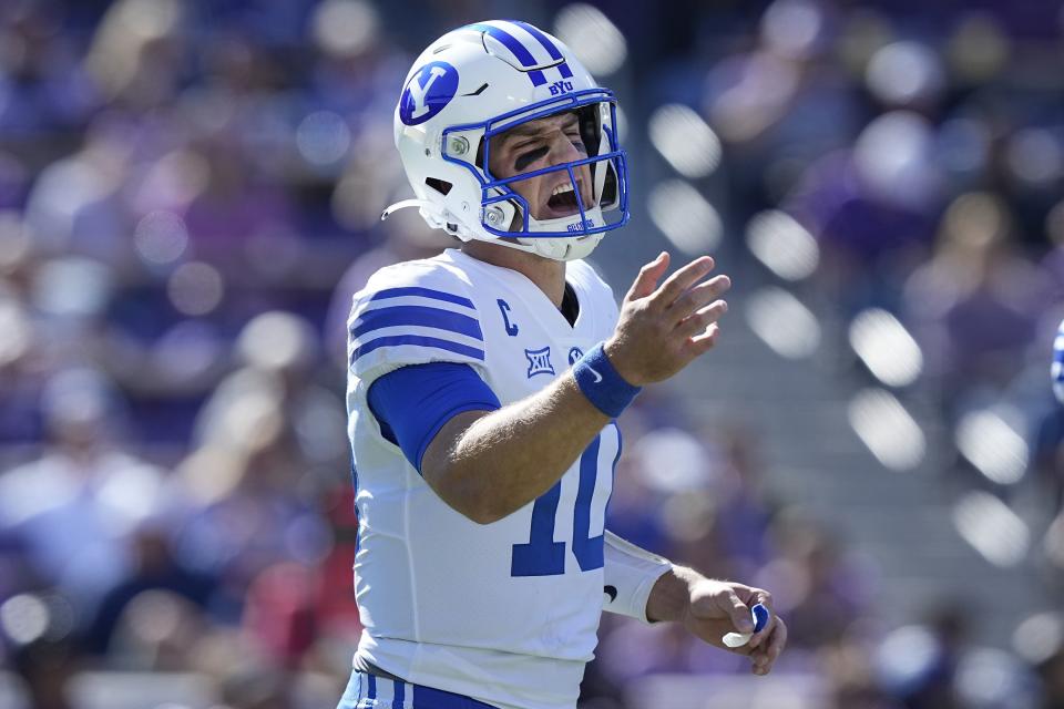 BYU quarterback Kedon Slovis (10) yells before playing from the line of scrimmage during the first half of an NCAA college football game against TCU, Saturday, Oct. 14, 2023, in Fort Worth, Texas. | LM Otero, Associated Press