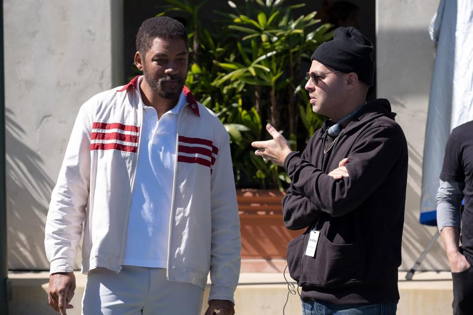 Will Smith, left, on the "King Richard" set with Wilmington native and Tatnall School graduate Zach Baylin, the film's screenwriter, in March 2020.