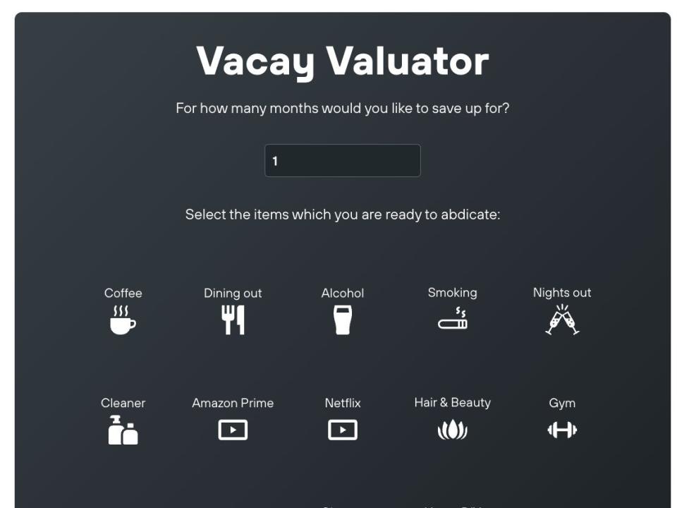 A screenshot of Kayak's budgeting tool Vacay Valuator