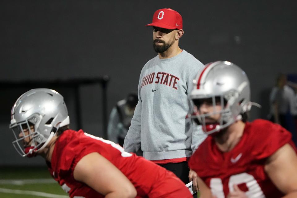 Mar 7, 2024; Columbus, OH, USA; Ohio State Buckeyes linebackers coach James Laurinaitis watches during spring football practice at the Woody Hayes Athletic Center.