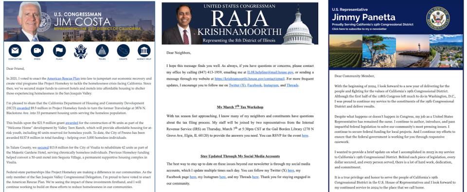 A trio of screenshots of e-newsletters from Democratic members of the House and Senate.