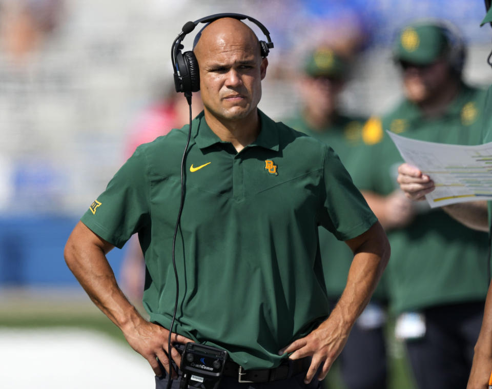 FILE - Baylor head coach Dave Aranda walks the sideline during the first half of an NCAA college football game against Kansas in Lawrence, Kan., Sept. 18 2021. Baylor opens their season at home against Texas State on Sept. 2. (AP Photo/Orlin Wagner, File)