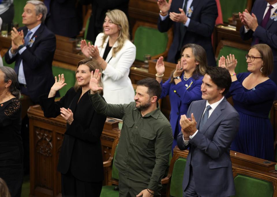 Ukrainian President Volodymyr Zelenskyy and Prime Minister Justin Trudeau recognize Yaroslav Hunka, who was in attendance in the House of Commons in Ottawa, Ontario, on 22 September (AP)