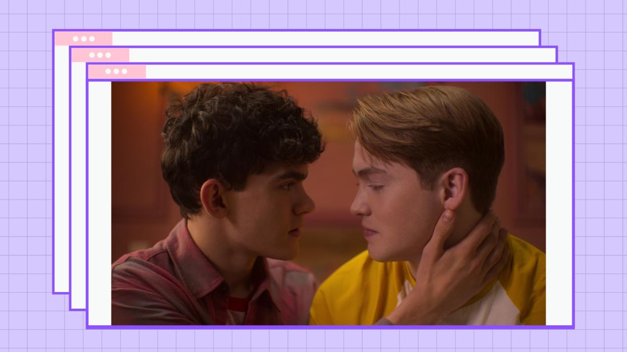  Joe Locke and Kit Connor as Charlie Spring and Nick Nelson in Heartstopper/ in a purple template 