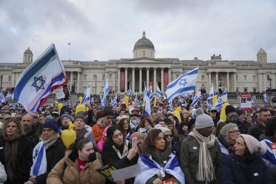 People gather during a rally supporting Israel, in Trafalgar Square, London, Sunday, Jan. 14, 2024. (Jeff Moore/PA via AP)