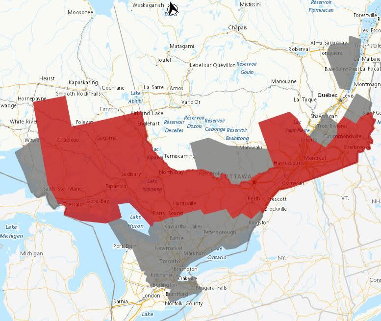 Environment Canada's weather advisory map as of about 11:45 a.m. on April 3. Warnings are in red, special weather statements in grey.