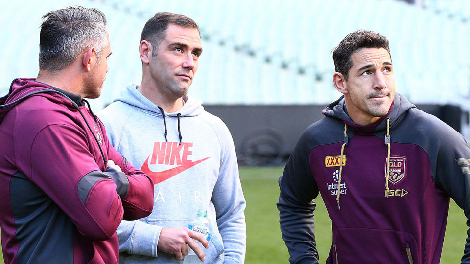 Legends Cam Smith and Billy Slater are seen here during a training session with the Maroons.