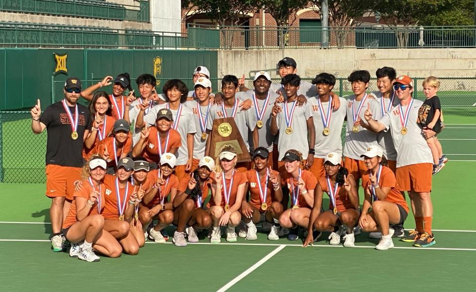 The Westwood tennis team celebrates its Class 6A state championship Thursday at Baylor. It was the second straight state title for the Warriors, who have won 35 matches in a row going back to August 2022. They finished 17-0 this season.