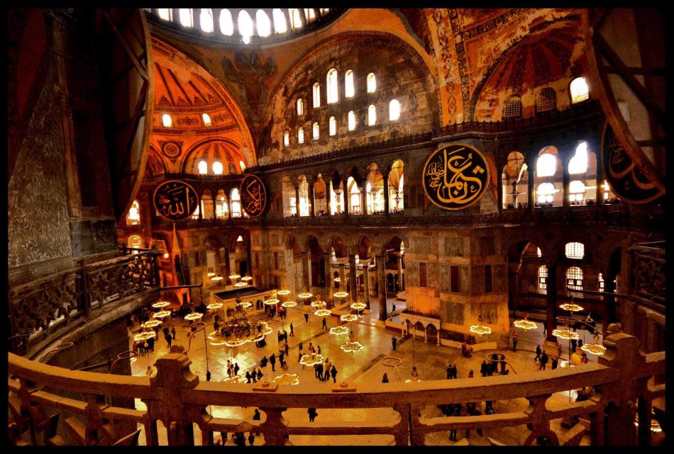 The interiors of Aye Sofia. Also known as the Hagia Sophia, it was first built as an Eastern Orthodox Cathedral in AD 562. It served as a Catholic Church Cathedral from 1204 to 1261 before it was reverted to an Eastern Orthodox Cathedral. In 1493, it became an Imperial Mosque and was declared a museum in 1931.