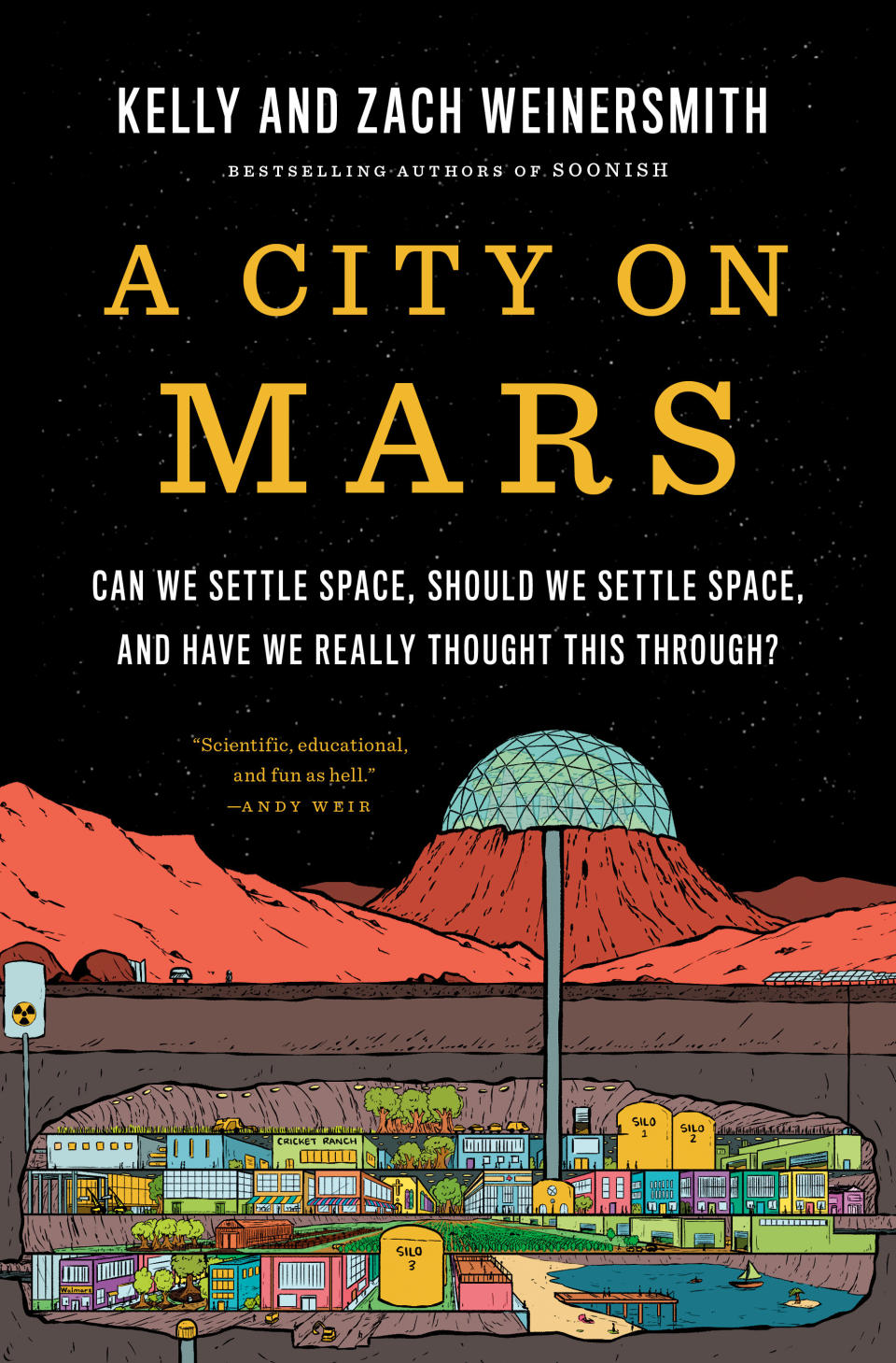 an assortment of different city buildings are built underground on mars.Above ground is baren, except for a glass dome with a tube down to the city