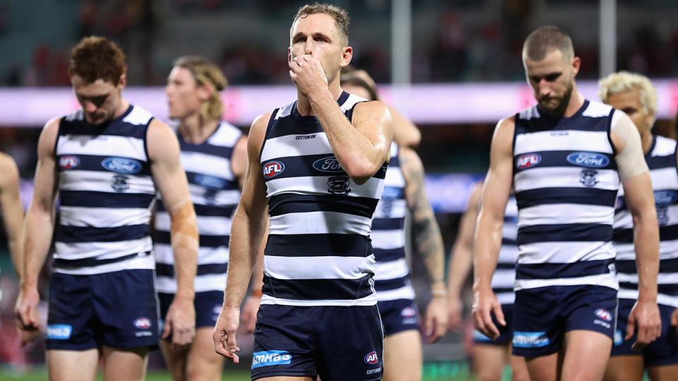 Geelong were controversially denied two chances to win their match against Sydney in the final minute by seperate umpiring decisions. (Photo by Cameron Spencer/Getty Images)