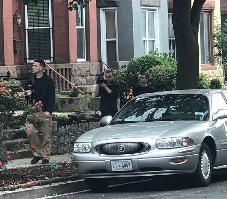 Conspiracy theorist Jack Posobiec being followed by the Clark brothers as they videotape him. (Photo: Photo taken by a source who spotted Jack Posobiec)