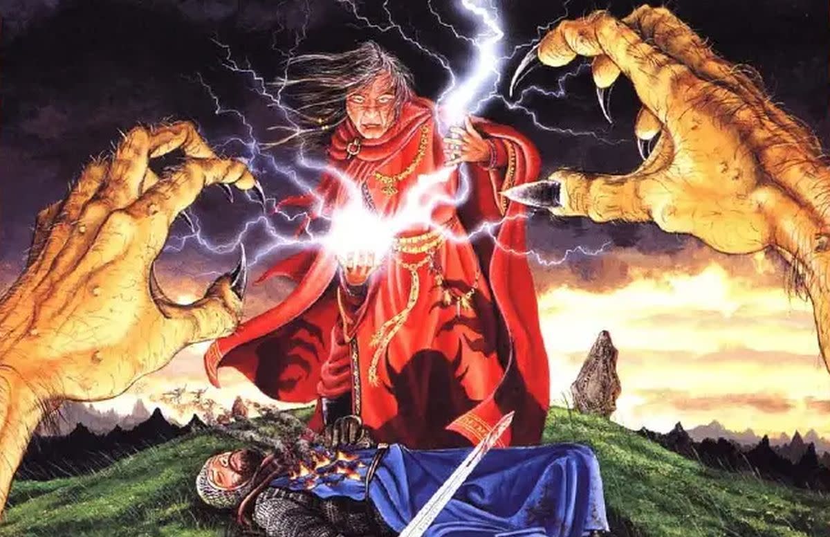  A wizard summons lightning while standing over a fallen warrior. 