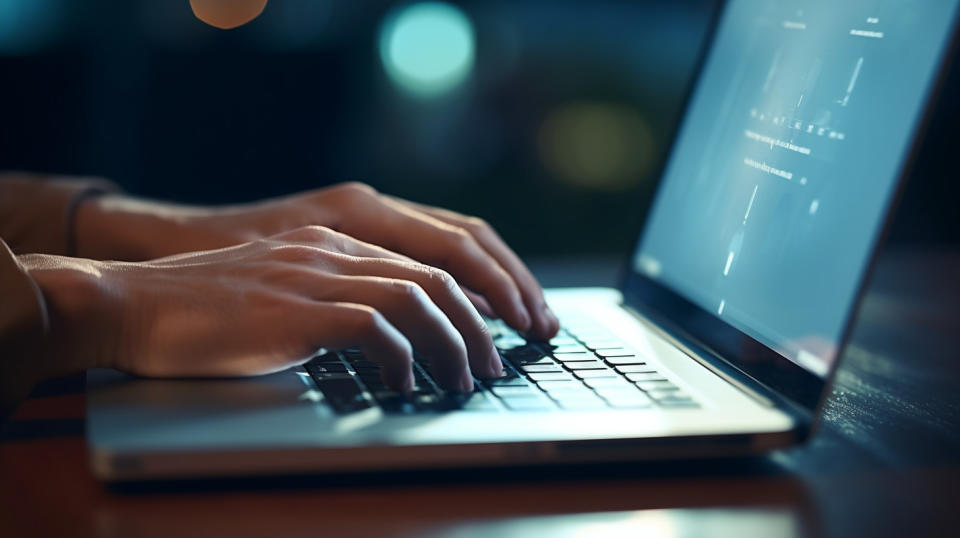 A close-up of hands typing on a laptop, highlighting the company's digital content.