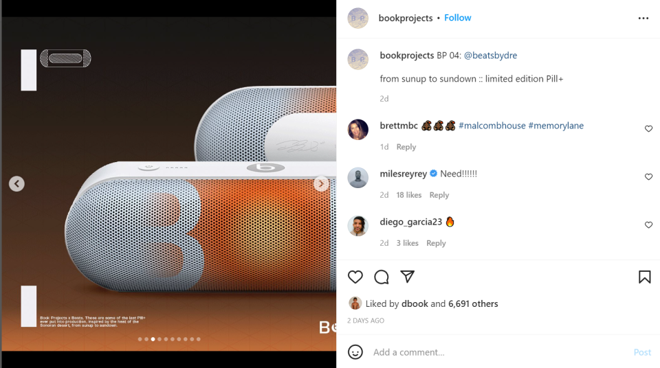 Devin Booker's creative studio, Book Projects, announced a collaboration with Beats by Dre on Aug. 1, 2022. The product is a Pill+ speaker that is "inspired by the heat of the Sonoran Desert."