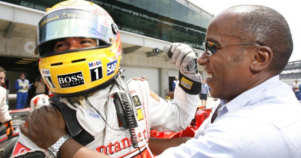 Lewis Hamilton with father Anthony in 2008. Silverstone, July 2008. Credit: Alamy